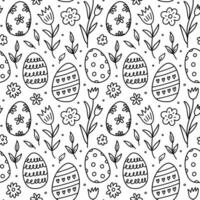 Cute seamless pattern with Easter eggs, spring flowers and leaves. Vector hand-drawn doodle illustration. Perfect for holiday designs, print, decorations wrapping paper, wallpaper.