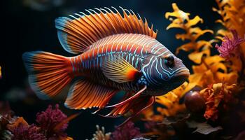 vibrante colores de a rayas pescado nadando en submarino tropical arrecife generado por ai foto