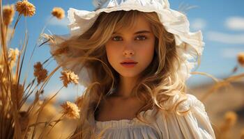 Smiling young woman in nature, enjoying the beauty of summer generated by AI photo