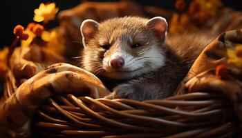 Cute small mammal, fluffy and playful, sleeping in a basket generated by AI photo