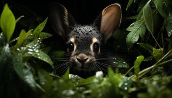 Cute rabbit sitting on grass, fluffy fur, looking at camera generated by AI photo