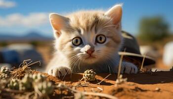 Cute kitten playing in the grass, staring at the camera generated by AI photo