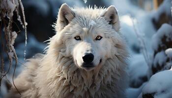 linda Samoyedo perrito sentado en Nevado bosque, mirando a cámara generado por ai foto