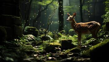 Cute doe standing in a tranquil forest, surrounded by green generated by AI photo