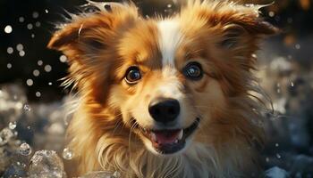 Cute dog sitting in snow, looking at camera, playful and wet generated by AI photo