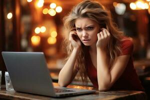 Turbulent Tech Angry Woman's Laptop Issues in Office Resolved by Generative AI photo