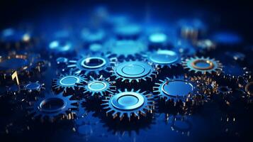 Abstract Gear Wheels in Dark Blue Backdrop Dynamic Mechanism Unveiled Generative AI photo