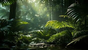 Tranquil scene  lush green forest, tropical rainforest, palm tree beauty generated by AI photo