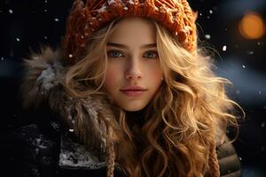 Winter Fashion Delight Captivating Scene of a Girl in Cozy Clothes Cap White Golden Hair and Blue Eye Generative Ai photo