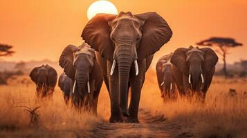 Majestic Elephant Herd Journeying Across Arid Grassland Generative AI photo