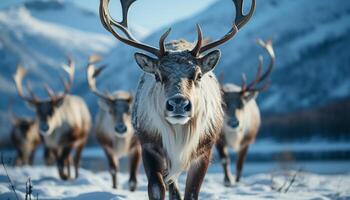 Winter frosty landscape showcases a cute deer in the forest generated by AI photo