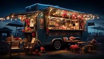 Nighttime street food vendors selling traditional snacks illuminate the summer dusk generated by AI photo