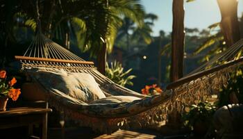 Tranquil scene  hammock resting under palm tree, enjoying tropical sunset generated by AI photo