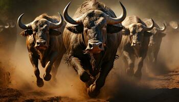 corriendo búfalo en el africano sabana, un majestuoso fauna silvestre escena generado por ai foto