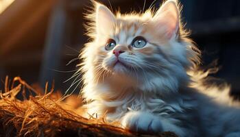 Cute kitten sitting on grass, staring with playful curiosity generated by AI photo