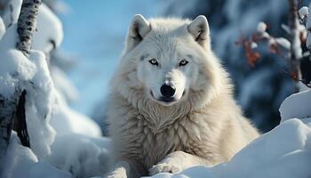 A cute Samoyed puppy sitting in the snowy arctic forest generated by AI photo