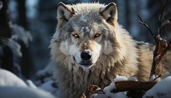 A majestic gray wolf in the snowy arctic wilderness generated by AI photo