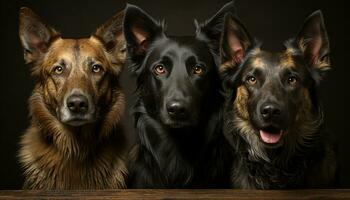 Cute puppy sitting, looking at camera, surrounded by loyal friends generated by AI photo