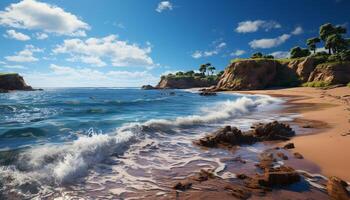 Tranquil scene  sunset paints idyllic coastline, waves caress sandy cliffs generated by AI photo