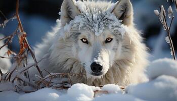 A cute wolf in the snow, looking at the camera generated by AI photo