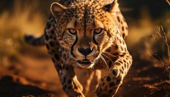 majestuoso leopardo caminando en el salvaje, curioso a tranquilo puesta de sol generado por ai foto