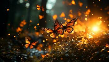 mariposa ala en vibrante colores, volador en el verano luz de sol generado por ai foto