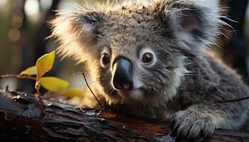 Cute koala sitting on branch, looking at camera in forest generated by AI photo