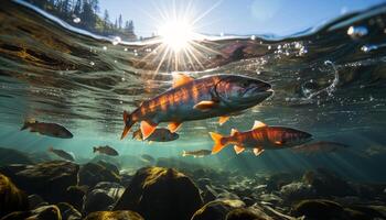 colegio de pescado nadando en el profundo, exhibiendo submarino belleza generado por ai foto