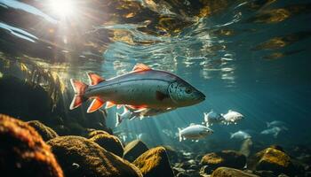 submarino pescado nadar en el arrecife, exhibiendo natural belleza generado por ai foto