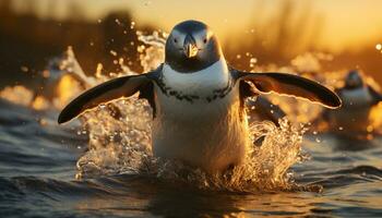 A cute penguin swimming in icy water, enjoying the sunset generated by AI photo