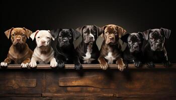 linda perrito sesión, mirando, joven animal en un fila, adentro generado por ai foto