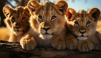 majestuoso leona y linda león cachorro ocultación en africano desierto generado por ai foto