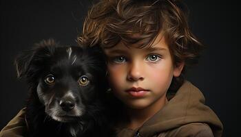 un linda perro retrato, un niño y su pequeño mascota generado por ai foto