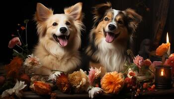 Cute puppy sitting, looking at camera, surrounded by autumn nature generated by AI photo