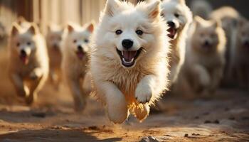 Cute puppy running, playing, and smiling in the summer sunlight generated by AI photo