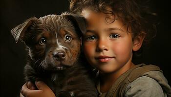 linda perro, niño, retrato, pequeño animal, sonriente cachorro, mirando generado por ai foto