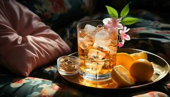 Refreshing cocktail with whiskey, citrus fruit, and ice cubes generated by AI photo