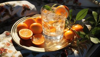 frescura de agrios Fruta en un vaso, verano refrescante bebida generado por ai foto