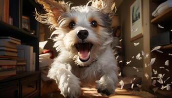 Cute terrier puppy sitting, smiling, playful, looking at camera, joyful generated by AI photo