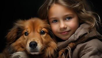 un linda cachorro, un sonriente niño, puro amistad y amor generado por ai foto