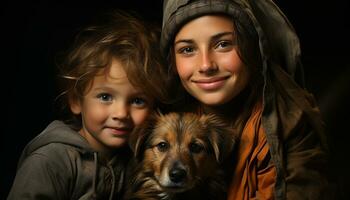 linda perro y niño sonriente, mirando a cámara con felicidad generado por ai foto