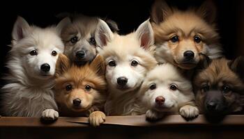 Cute puppy sitting, looking at camera, surrounded by furry friends generated by AI photo