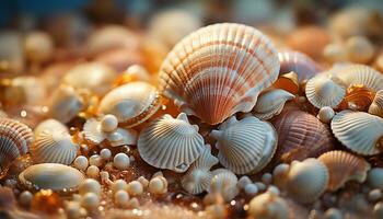 Nature beauty  animal shell collection, underwater spiral, tropical coastline vacation generated by AI photo