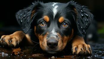 Cute puppy, wet fur, sitting, looking at camera, playful indoors generated by AI photo