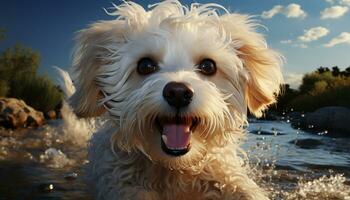 Cute puppy, wet fur, playful terrier, smiling, looking at camera generated by AI photo