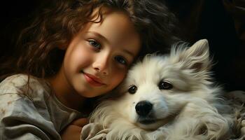 Cute puppy embracing child, smiling, creating friendship and togetherness generated by AI photo