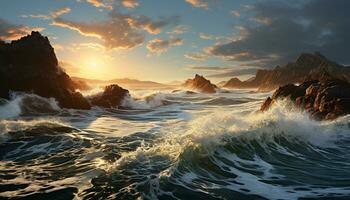 Majestic sunset, tranquil scene, breaking wave, reflecting beauty in nature generated by AI photo