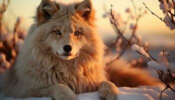 Cute dog in snowy forest, sitting by tree, enjoying winter generated by AI photo