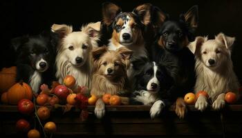 Cute puppy sitting, looking at a group of playful animals generated by AI photo