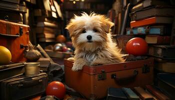 Cute puppy sitting, looking at camera, surrounded by travel luggage generated by AI photo